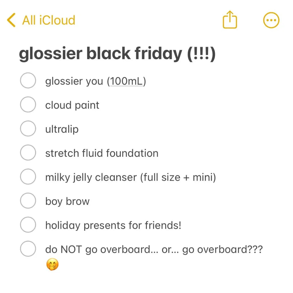 Glossier Black Friday Wishlist (iOS Notes Style)